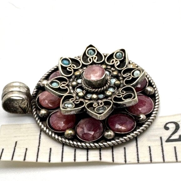 Bohemian Silver? Pendant Tourmaline Turquoise Box Handmade Nepal - Picture 3 of 7
